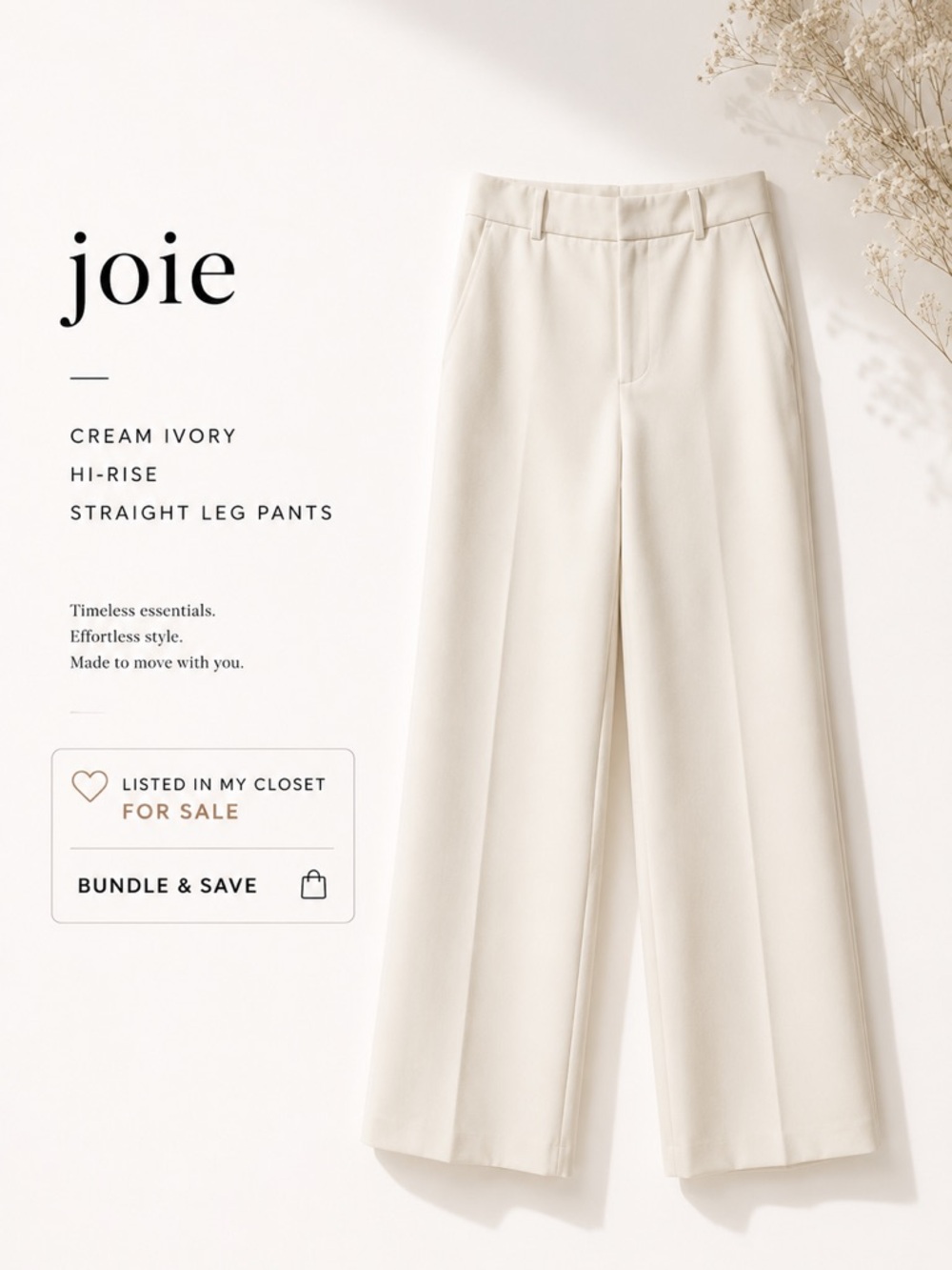 NWT Joie Cream Ivory Hi-Rise Straight Leg Pants | Size 6 | Minimalist Trouser